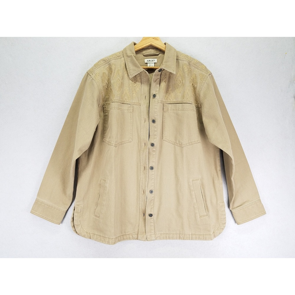 Ariat Ranchester Jacket Western Women L Khaki Cotton Embroidered Yoke Cowgirl